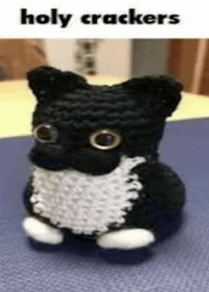 needle felt? plush of uni the cat, white border top caption reading holy crackers. looks so silly