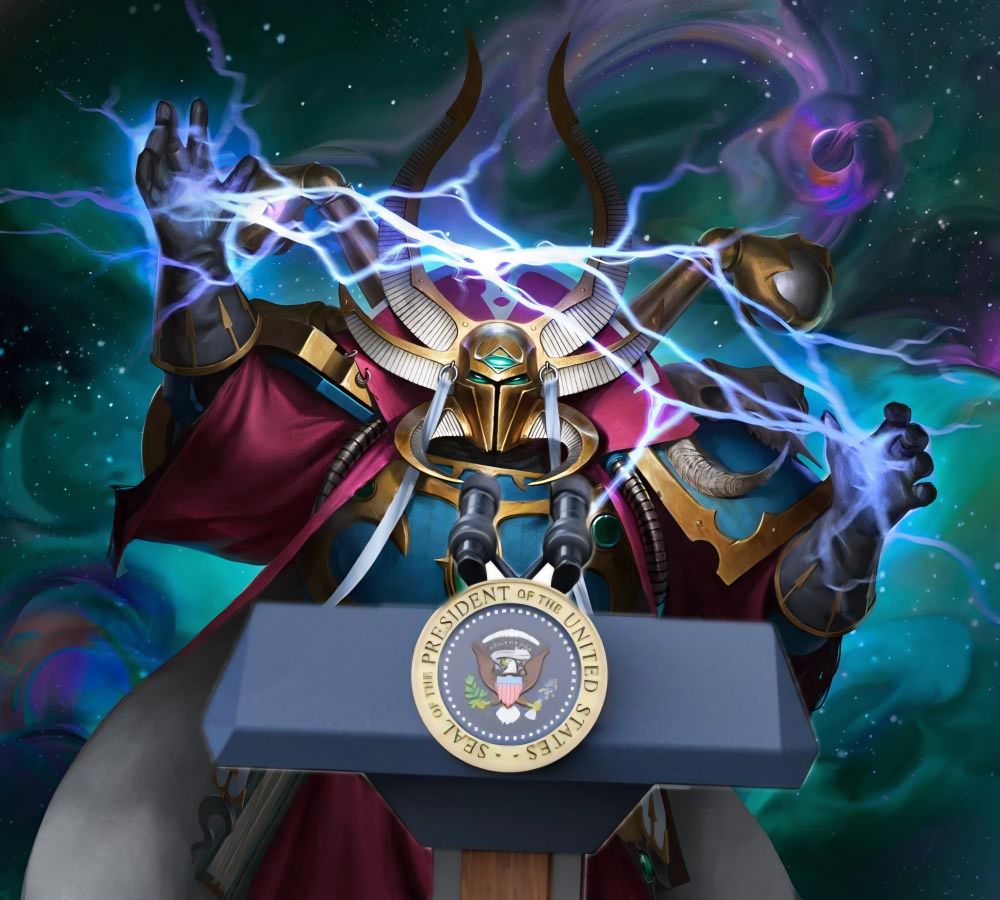 Azhek Ahriman at a presidential podium