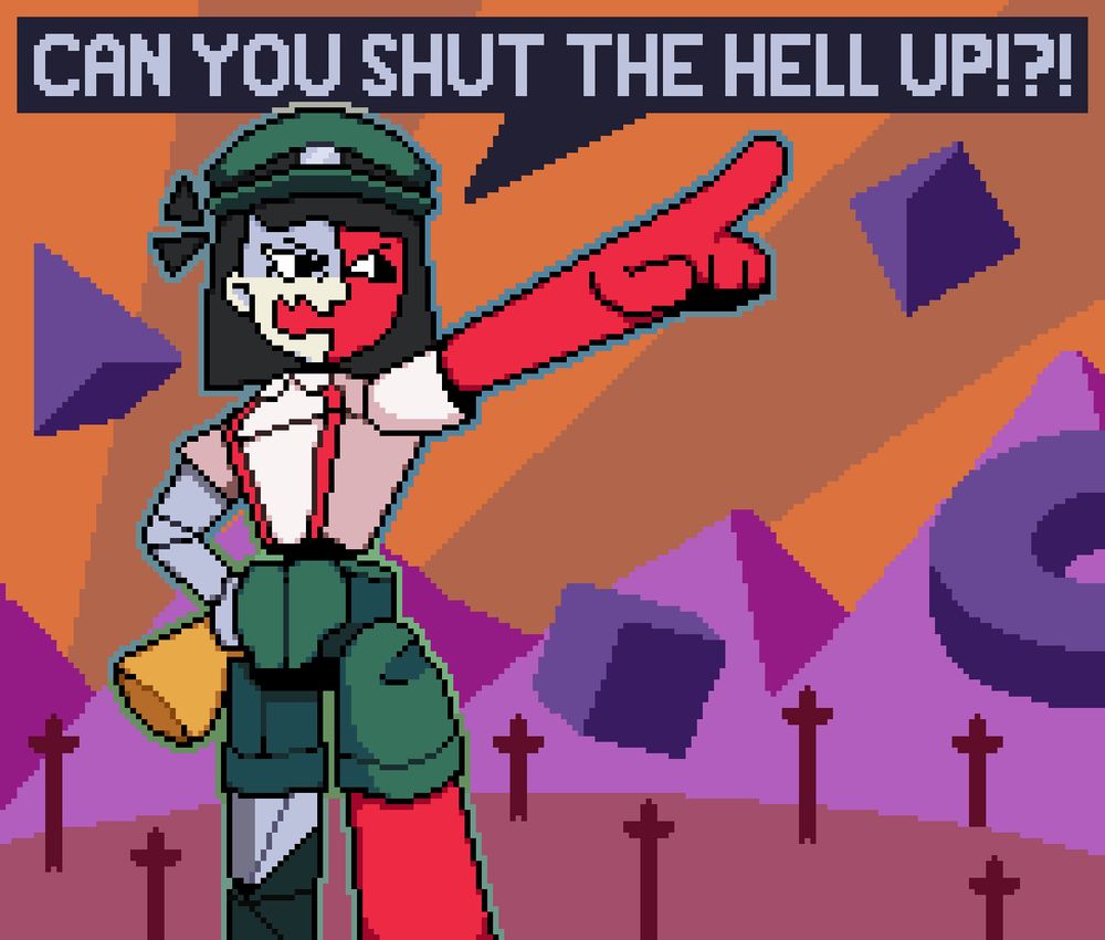 Pixel art of ENA from ENA: Dream BBQ. She is pointing and yelling "CAN YOU SHUT THE HELL UP!?!"