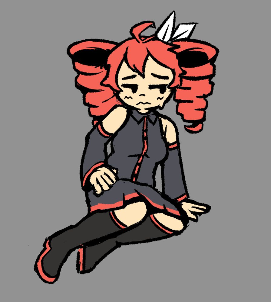 A drawing of Kasane Teto in a sitting pose looking off to the side nervously