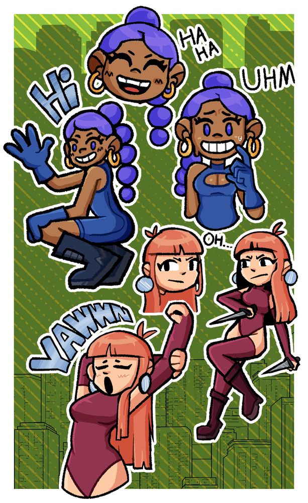 A collage of two distinct female characters. The first character wears a blue bodysuit, matching gloves, and large boots. She has purple hair styled in a single large braid and wears gold hoop earrings. She conveys a clumsy yet kindhearted personality. The second character has long, straight, orange-toned hair and wears a red bodysuit, thigh-high stockings, long gloves, and boots. She is also wearing round blue earrings. Her demeanor is that of someone who is typically serious and easily agitated, but occasionally reveals a softer side.