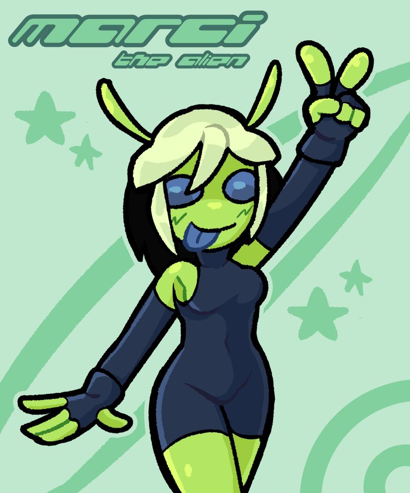 A digital drawing of a humanoid alien with green skin, light green hair and blue eyes. She’s wearing a dark bodysuit and is making a peace sign with her hand while sticking out her tongue.
