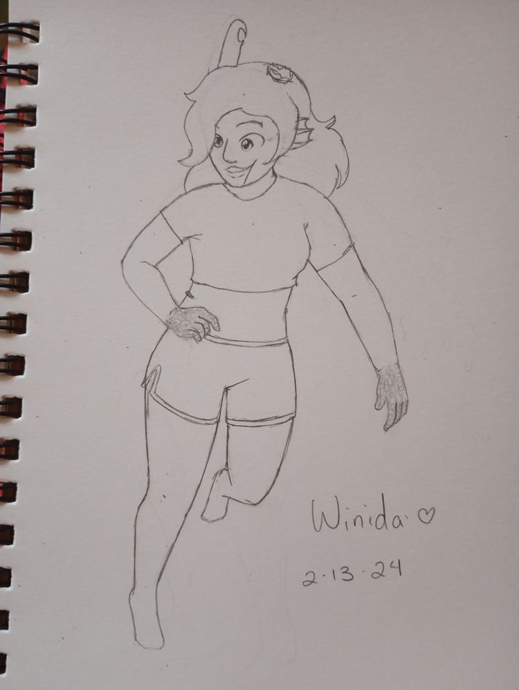 A pencil drawing of a seadwelling troll from Homestuck. She is wearing a crop top and booty shorts; she is broad-built with wide hips. Her hands are darkened by scars and a scar from her chin to her cheek bone tilts the left side of her mouth up. Her left horn is broken off at the base, and the right is hook-shaped. She smiles down and to the left as she treads water. Her shoulder-length hair floats around her face.
