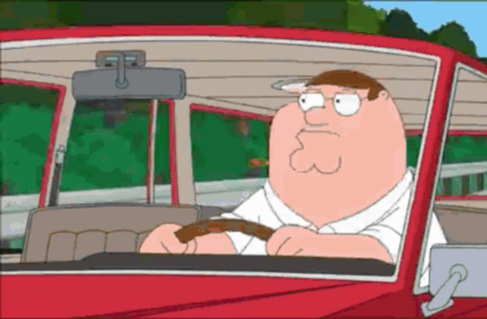 peter griffin from family guy is driving a red car and has a big 3 on his face