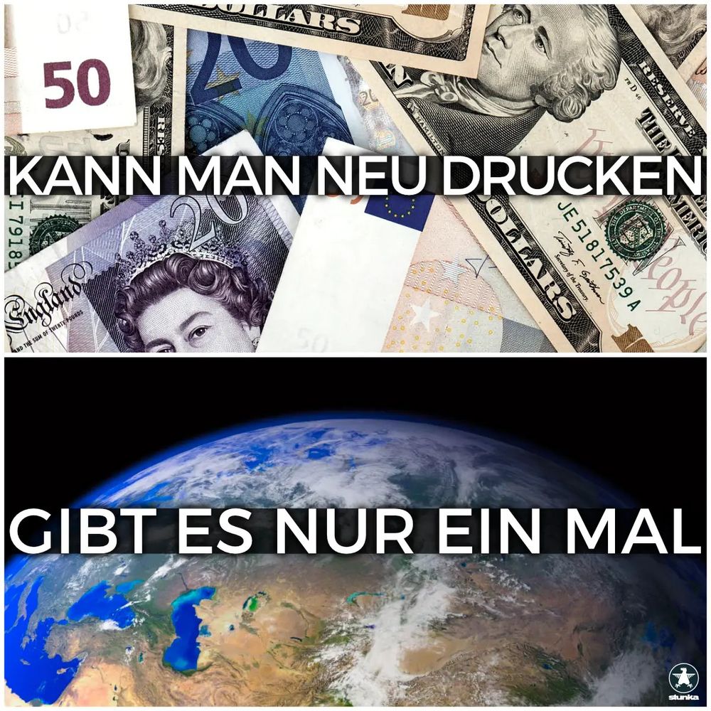 Zweigeteiltes Bild. Auf der oberen Hälfte ist Geld abgebildet. Die untere Hälfte zeigt die Erde. Dazu Text oben: "Kann man neu drucken". Und Text unten: "Gibt es nur ein Mal".