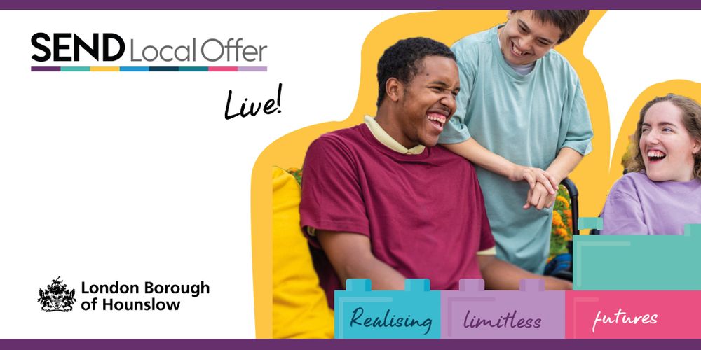 Three people engaging in a supportive group activity with colorful text blocks reading 'Realising limitless futures' on a bright yellow background.