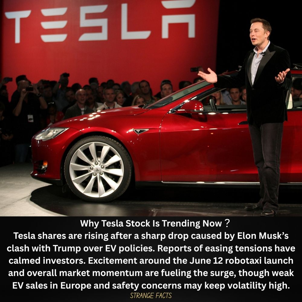 Why Tesla Stock Is Rising
Tesla shares are climbing after easing tensions between Elon Musk and Trump. Hype around the June 12 robotaxi launch and strong market momentum are boosting confidence, despite weak EV sales in Europe and safety concerns.