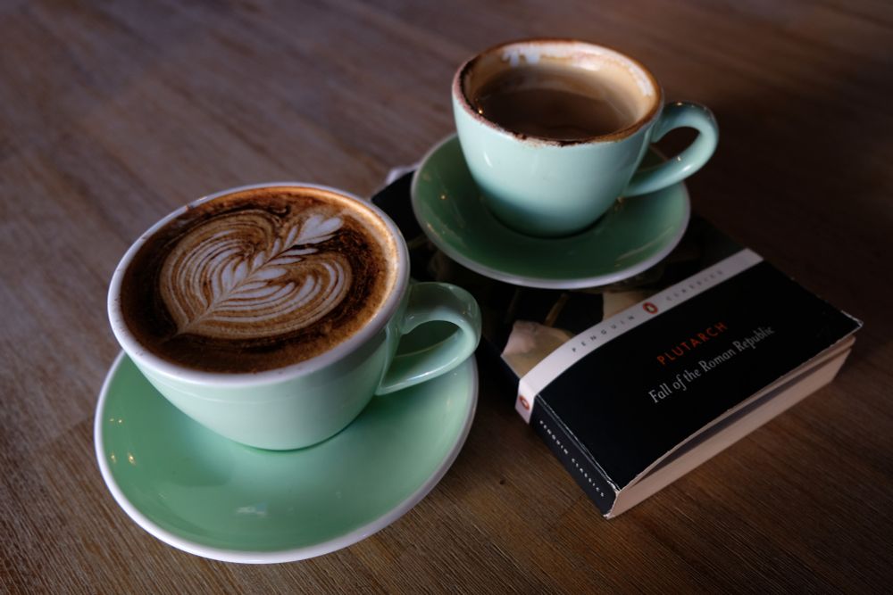 Two coffees. The bigger one is in front with nice latte art. The smaller one is behind on a book. The smaller one has had a few sips taken from it. 
