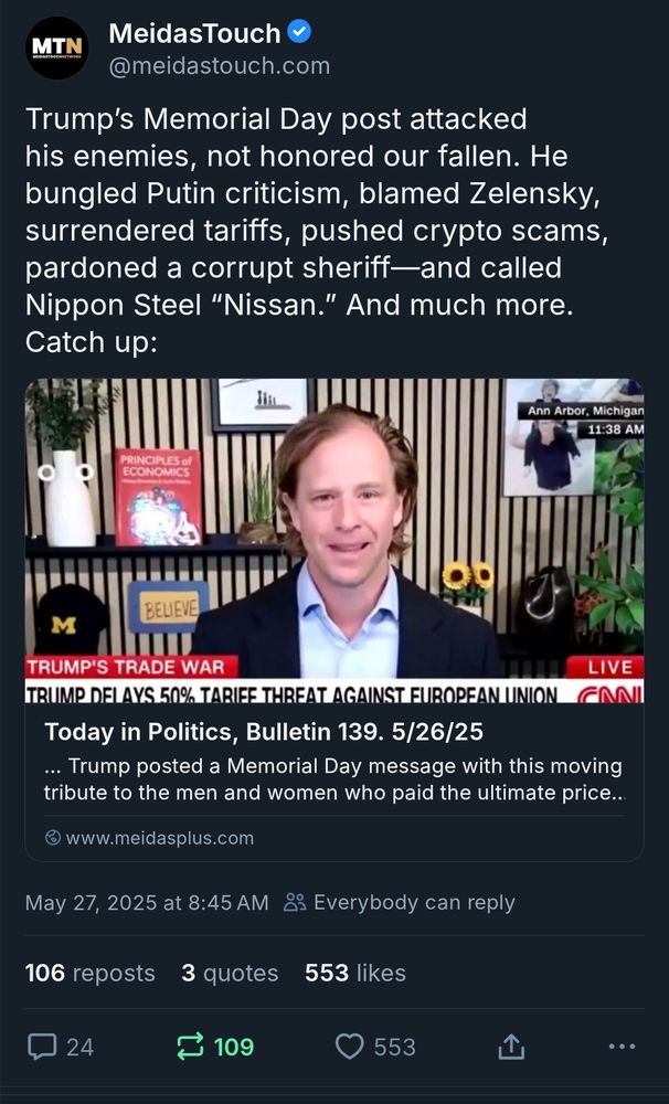 Screenshot of post of article from MTN about Trump's speech for memorial Day 