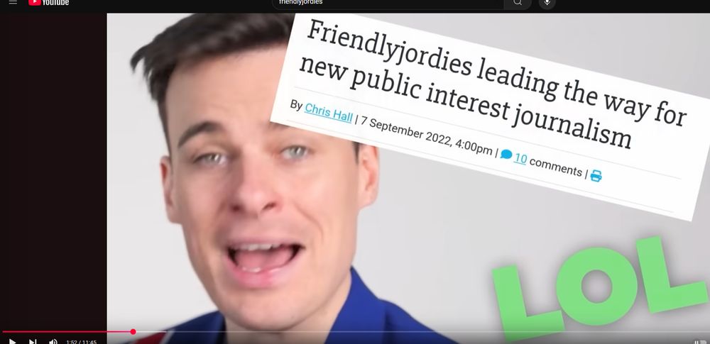 Screenshot of friendlyjordies video with headline from an Independent Australia article and the text LOL