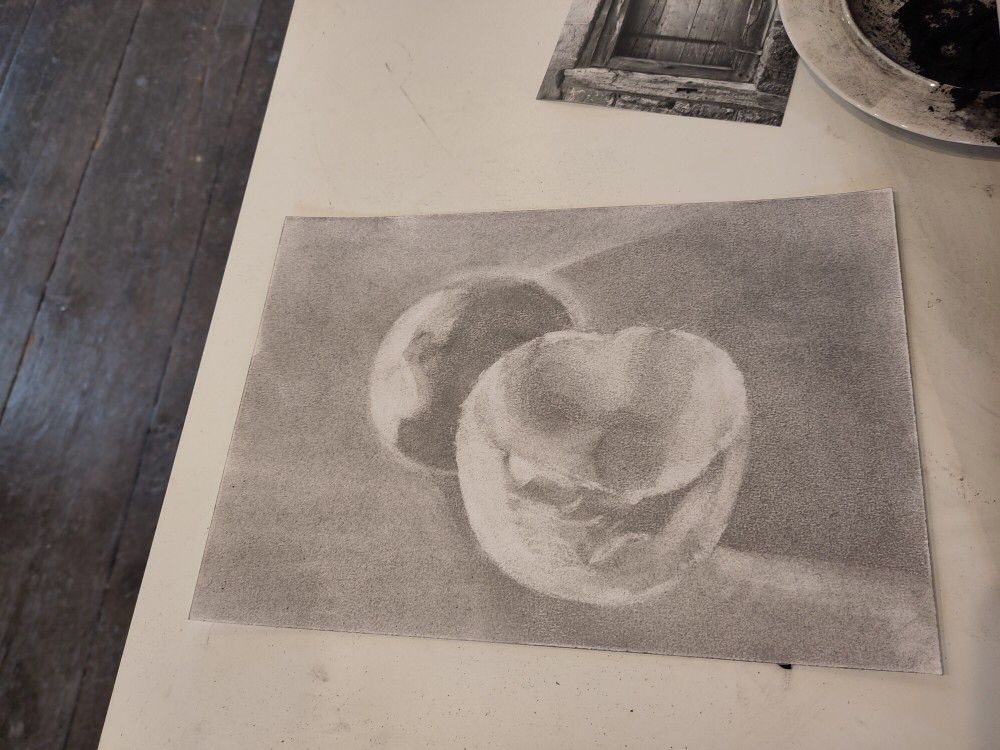 A tonal charcoal drawing of 2 halves of an egg.