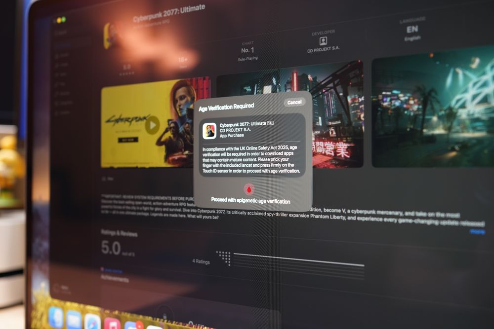 A screenshot of the macOS 26 App Store showing the page for Cyberpunk 2077, a game rated for mature audiences. A dialogue box is displayed requiring the user to verify their age by providing a blood sample through the Touch ID sensor, from which their biological age can be calculated by analysis of DNA methylation patterns.