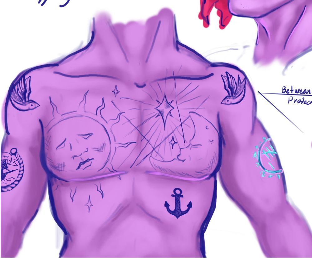 Close-up of a purple tiefling’s chest and arms, showing an elaborate chest piece of a sea chart with Ren-Faire style sun and moon over neat, magically healed top surgery scars.  A North Star is over his heart.  An anchor is marked over his ribs.  Swallows are over his shoulders.  On his right bicep is the emblem of the mercenary company that owns his contract.  On the left is a magical circle enforcing his seven year parole.
