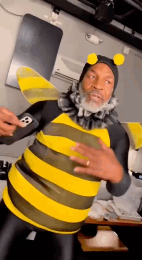 a man with a beard is dressed in a bee costume