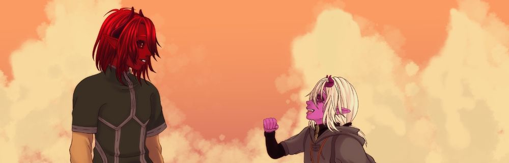 Colored digital art of my OCs as children, with Vex running towards Eridan