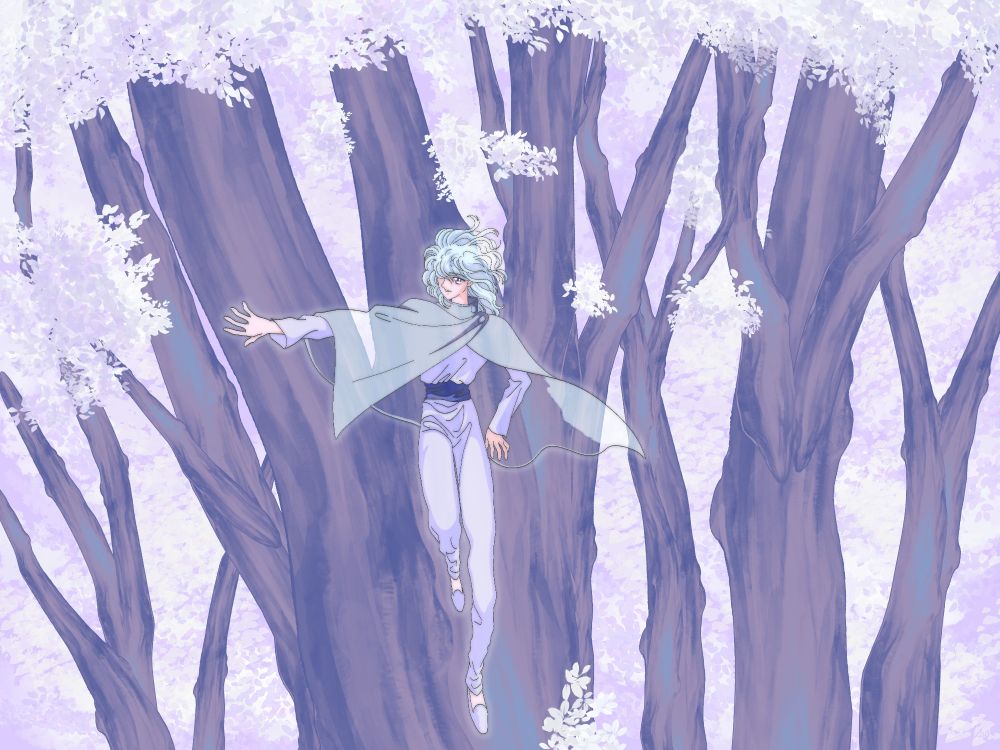 Digital art of Irktule the spirit in Kanata Kara/From Far Away floating in front of the morning mist tree.