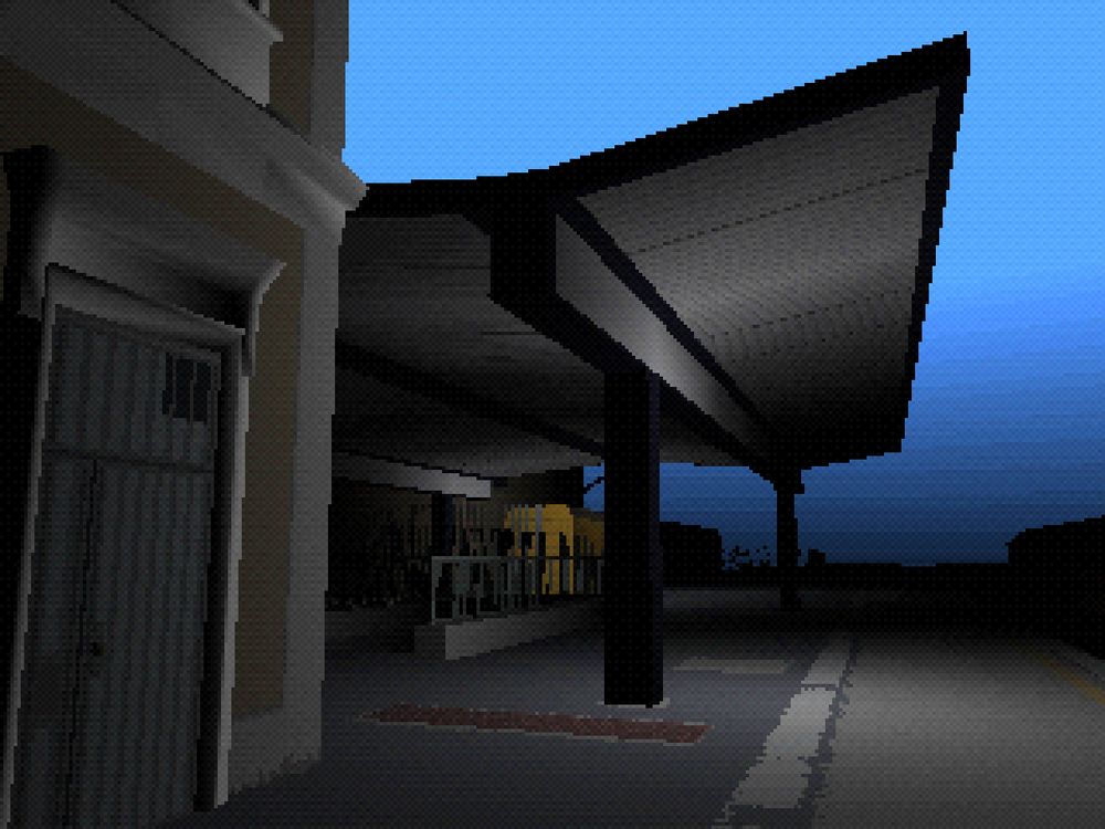 The picture is an in-game screenshot of an urban 3D area, it depicts daytime sky but the place also looks covered in darkness