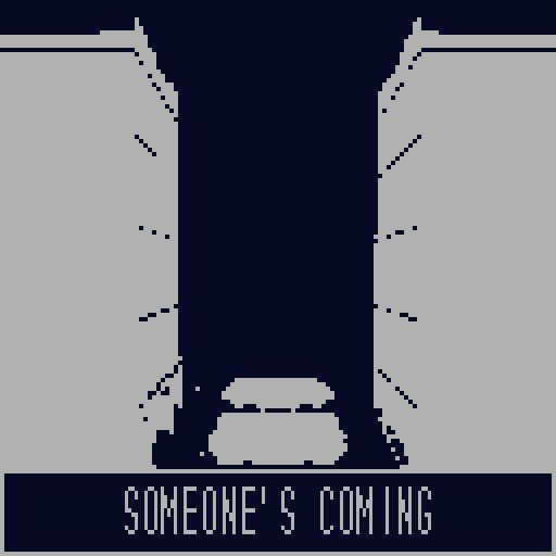 Retro-styled screenshot of an alley that leads to darkness. A panel below reads "Someone's Coming".