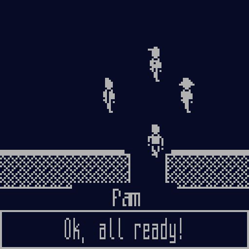 Retro styled game screenshot. There's some kids talking, a girl named Pam is saying "Ok, all ready!"