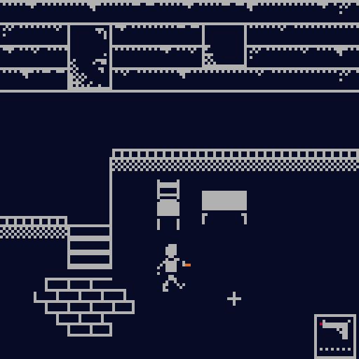 Retro styled game screenshot. There's a kid outside a cabin aiming at something with his toy gun.