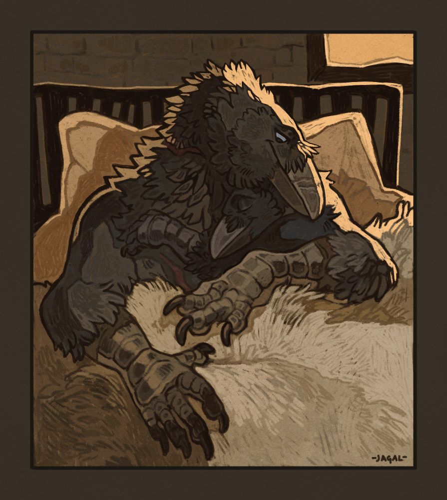 A tall 7'2ft Raven-man gently cuddleing his much smaller Crow-man Boyfriend nestled up under his beak and sleeping ontop of his chest.

The two lay comfortably in a big bed as they cuddle together and sleep in for the morning