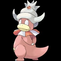 Slowking is a bipedal Pokémon with a Shellder latched onto its head. It is primarily pink, with a pale yellow muzzle and scaled belly. Its feet and hands each have a single clawed digit, while the hands also have a clawless thumb. Around its neck is a spiny ruff with alternating red and white stripes. The Shellder on its head has a spiral shape with two horns near the base. A red gem resides in the center of the Shellder. The Shellder's eyes are visible on the back of the Shellder.