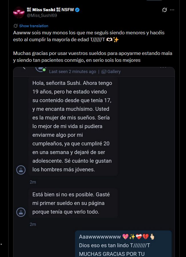 @miss_sushi69, una pedófila de mierda jactándose de que le gusta que le sigan menores en su cuenta de trabajo sexual