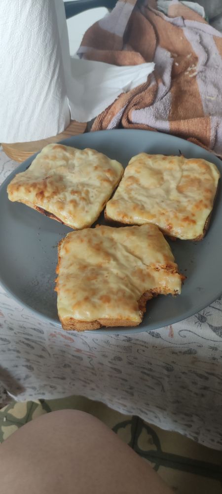 depression pizza. Toast with tomato sauce, a cheese slice, and whatever I had on hand on top, put in the oven for 10 minutes