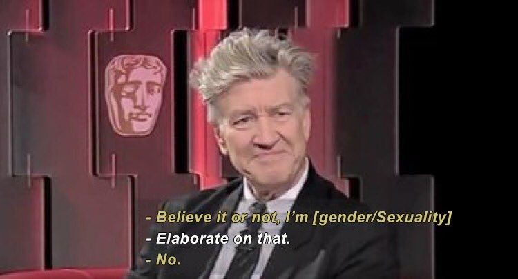 Edited image of David Lynch saying "Believe it or not, I'm Insert gender slash sexuality"

The presenter responds "elaborate on that"

to which Lynch says "No"