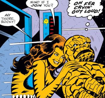 A panel from a Bronze Age Marvel comic where The Thing is being snuck up on by Tigra. Her speech bubbles read: "Hi there, Rocky! Mind if I join you?" The Thing's thought balloon reads: "OH FER CRYIN' OUT LOUD!"