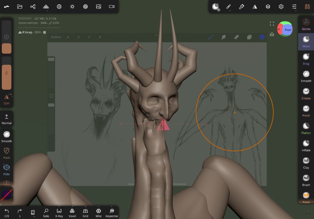 Face of the figure, high cheekbones, empty sockets, sharp, strong hooked nose, sharp teeth with two long snake-like fangs, and a missing lower jaw that opens into the neck cavity