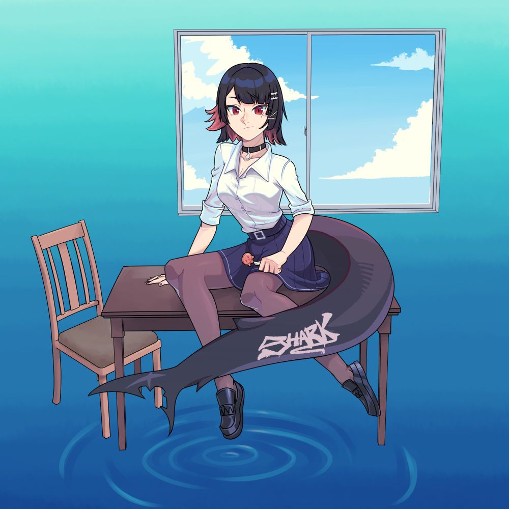Fan art of Ellen Joe from Zenless Zone Zero. The picture is drawn in an anime style, with the character sitting on a table and a window behind her. The background is abstract with a ripple effect under the table.