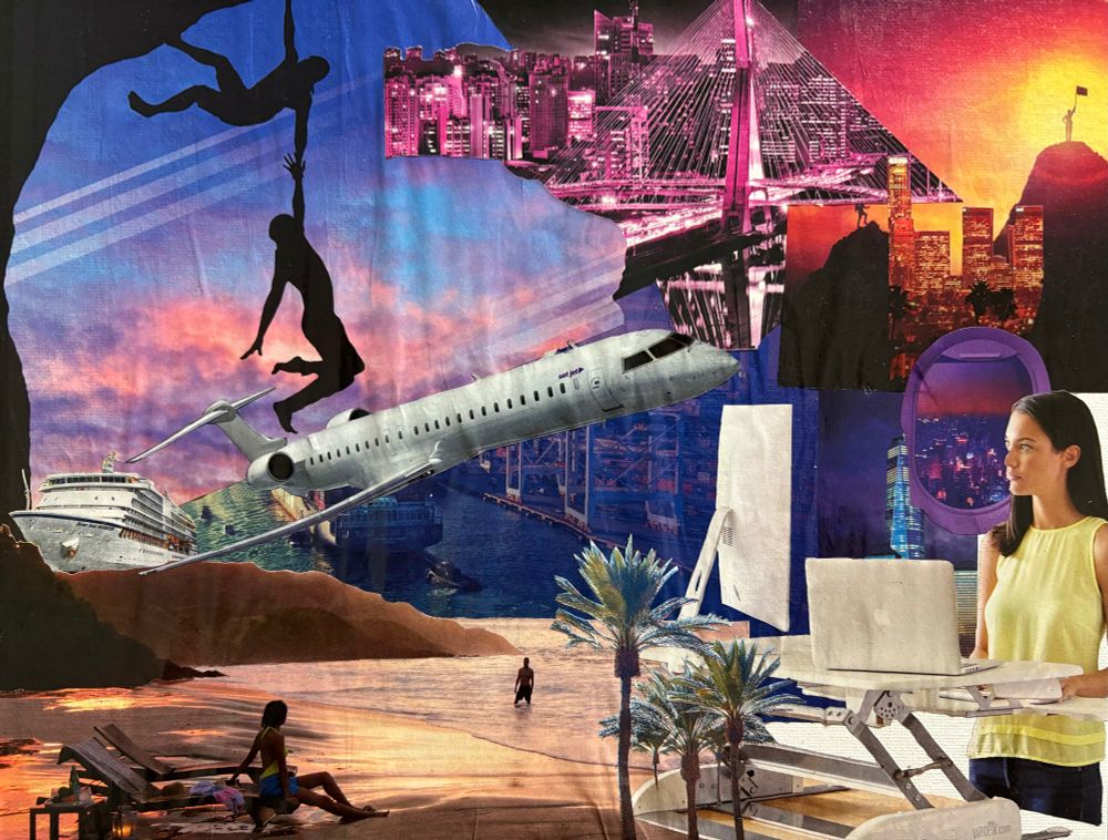Travel focused collage of cut out magazine images. 