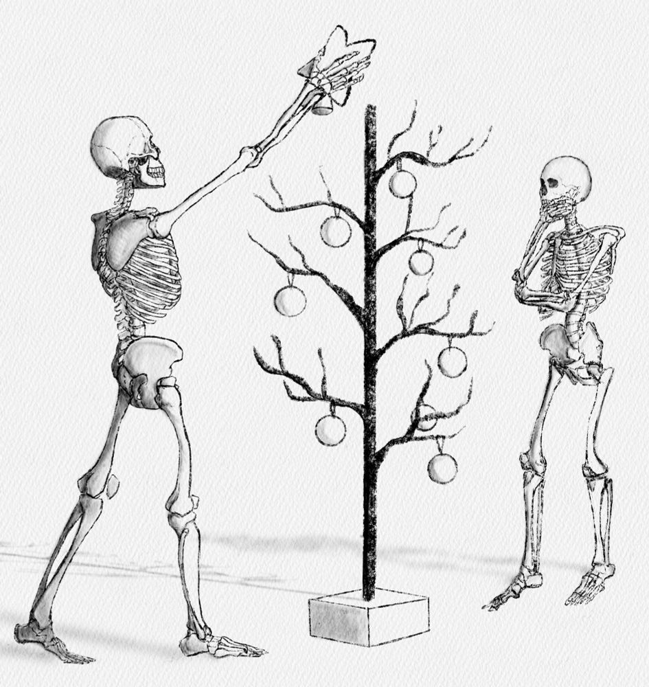 Digital illustration of skeletons decorating a dead Christmas tree. 