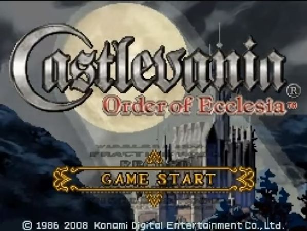 Castlevania: Order of Ecclesia Title Screen, a moody picture of a gothic castle lit by moonlight in the fog at night.