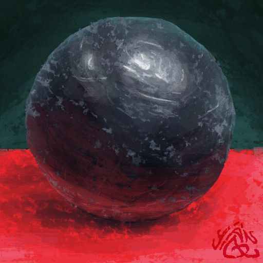 A digitally painted rough metallic or stony sphere with scratches and surface abrasions is resting on a red ground plane in front of a dark blue-green background.