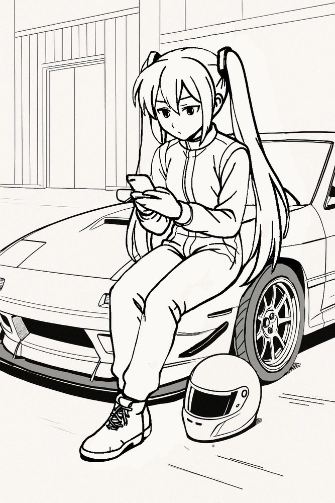 Hatsune Miku wearing a racing suit sitting on top of a rx7 fc texting on her phone. Her helmet is by the wheel's side