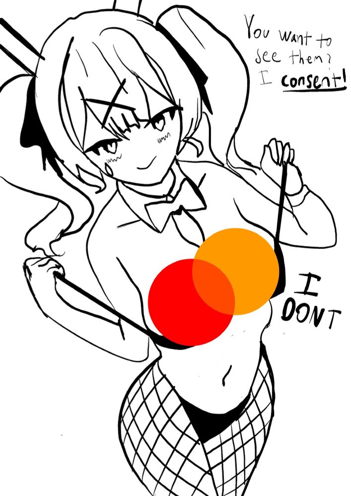 rabbit hole miku wearing just fishnets, panties, and a bra shes pulling off with the text 'you want to see them? i consent!' but the mastercard logo is overlayed ontop of the boobs with the text by its side 'I DONT'
