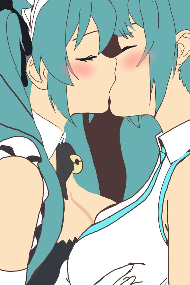 hatsune miku kissing privaty from nikke. privaty on the left grabbing miku's breast. both are kissing and blushing. privaty is in a maid outfit and wearing a bowtie with a cat bell. miku is wearing a white dress shirt and a cyan tie