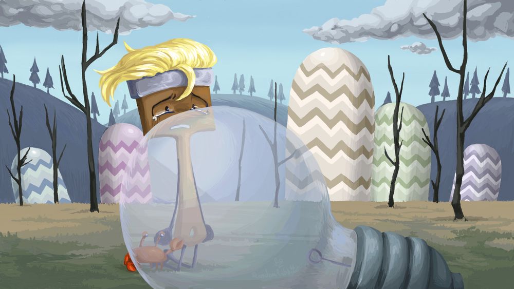 Redraw from Season 2, Episode 17 of Inanimate Insanity, A Sad looking Paintbrush and crab (Baxter) stare at a dim lighbulb with multiple trees and eggs in the background