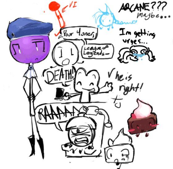 On the left side of the screen is Lollipop wearing Caitlynn's (Arcane/League of Legends) Beret and neck hancercheif, with the middle being a doodle comic reference to the "Your honor, League of Legends" meme with Coiny and Four, also some doodles of Cake and Teardrop as Jinx 