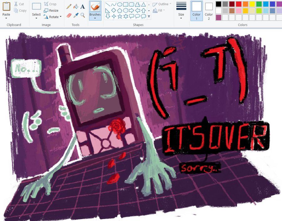 redraw of computer scene from TNM (The Nightly Manor) 6 in MS Paint 7, with GPS at a giant keyboard saying "No..." with Codey and Binary hovering by him left to right respectively. Binary saying "It's Over, sorry" In black speech bubbles