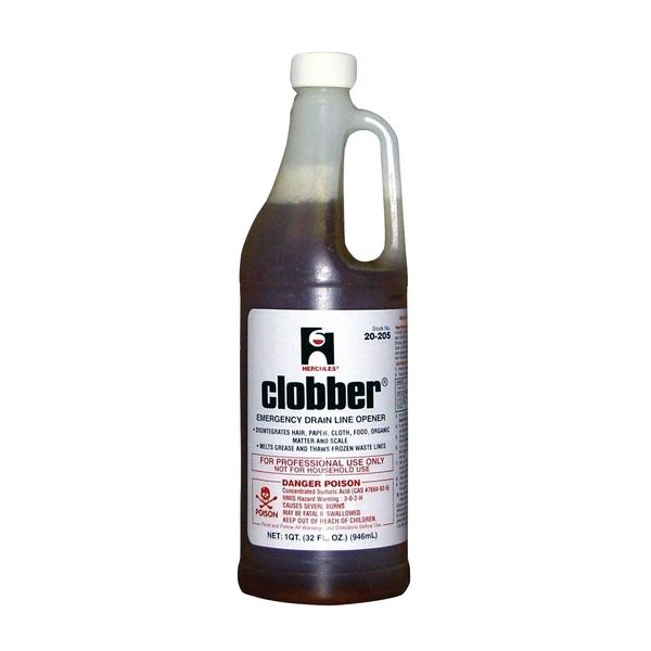 A bottle of drain cleaner called Clobber. It has a white label with black and red text describing how dangerous it is.