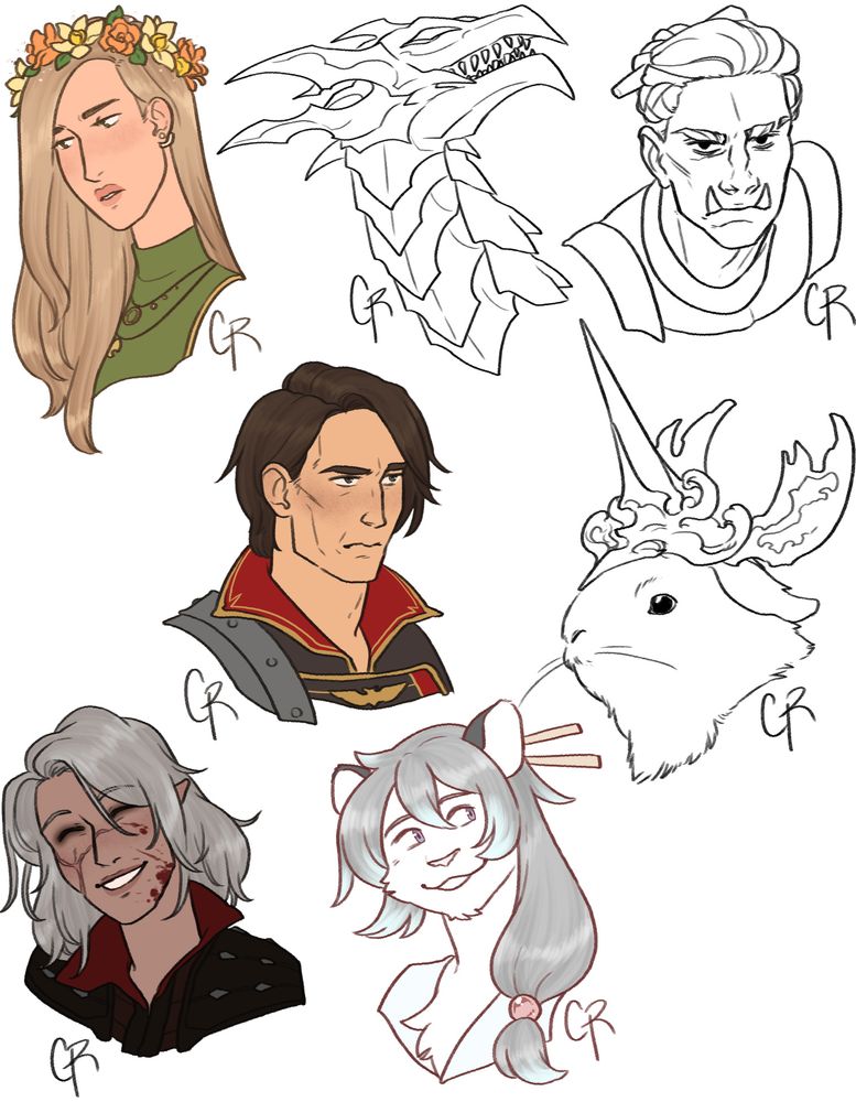 A collection of assorted characters in both color and black and white line art, drawn from the shoulders up.