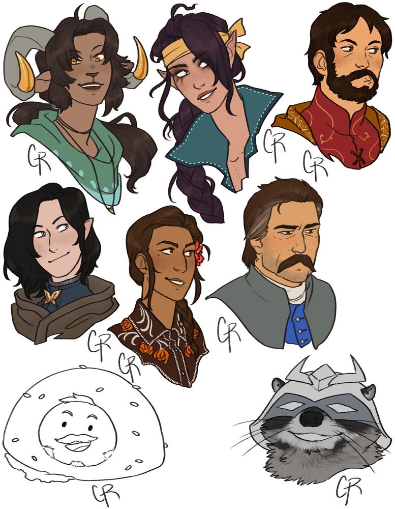 A collection of assorted characters in both color and black and white line art, drawn from the shoulders up.