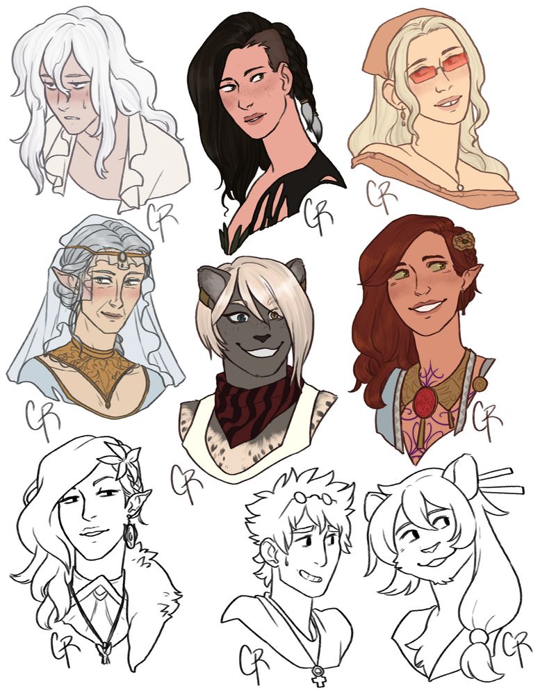 A collection of assorted characters in both color and black and white line art, drawn from the shoulders up.