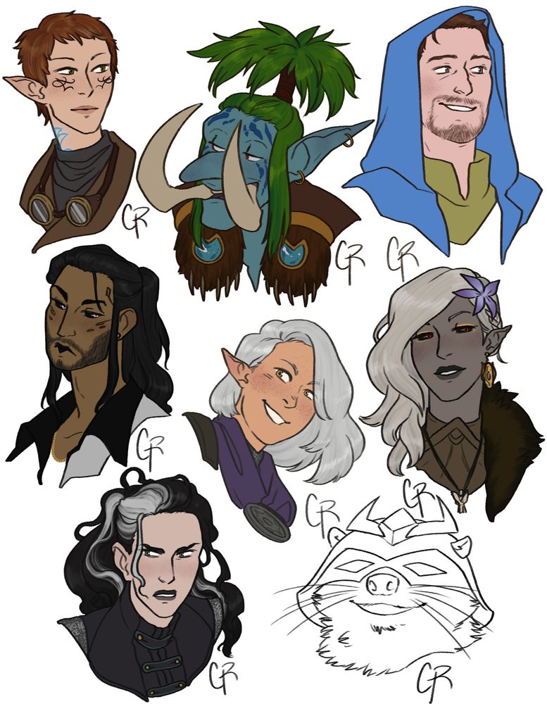 A collection of assorted characters in both color and black and white line art, drawn from the shoulders up.