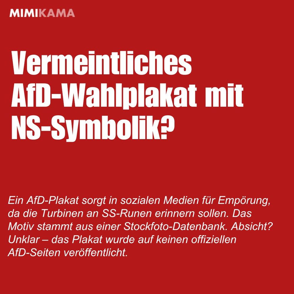 Vermeintliches AfD-Wahlplakat mit NS-Symbolik? Ein AfD-Plakat sorgt in sozialen Medien für Empörung, da die Turbinen an SS-Runen erinnern sollen. Das Motiv stammt aus einer Stockfoto-Datenbank. Absicht? Unklar – das Plakat wurde auf keinen offiziellen AfD-Seiten veröffentlicht.