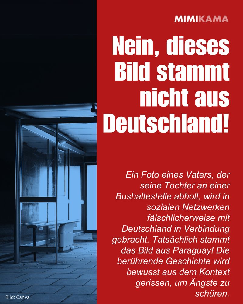 Nein, dieses Bild stammt nicht aus Deutschland! Ein Foto eines Vaters, der seine Tochter an einer Bushaltestelle abholt, wird in sozialen Netzwerken fälschlicherweise mit Deutschland in Verbindung gebracht. Tatsächlich stammt das Bild aus Paraguay! Die berührende Geschichte wird bewusst aus dem Kontext gerissen, um Ängste zu schüren.