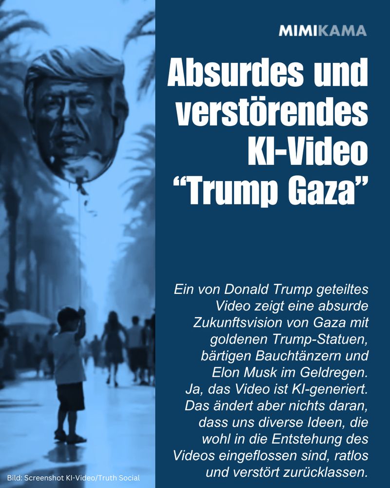 Absurdes und verstörendes KI-Video “Trump Gaza” - Ein von Donald Trump geteiltes Video zeigt eine absurde Zukunftsvision von Gaza mit goldenen Trump-Statuen, bärtigen Bauchtänzern und Elon Musk im Geldregen. Ja, das Video ist KI-generiert. Das ändert aber nichts daran, dass uns diverse Ideen, die wohl in die Entstehung des Videos eingeflossen sind, ratlos und verstört zurücklassen.